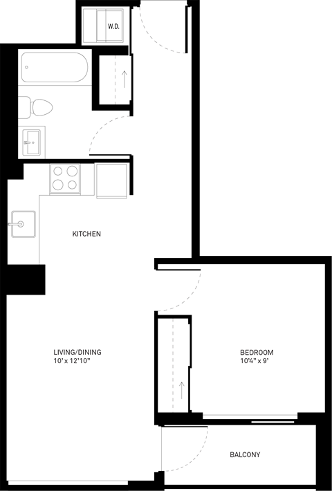 Floor plan for 1 bed, 1 bath, 542 sqft